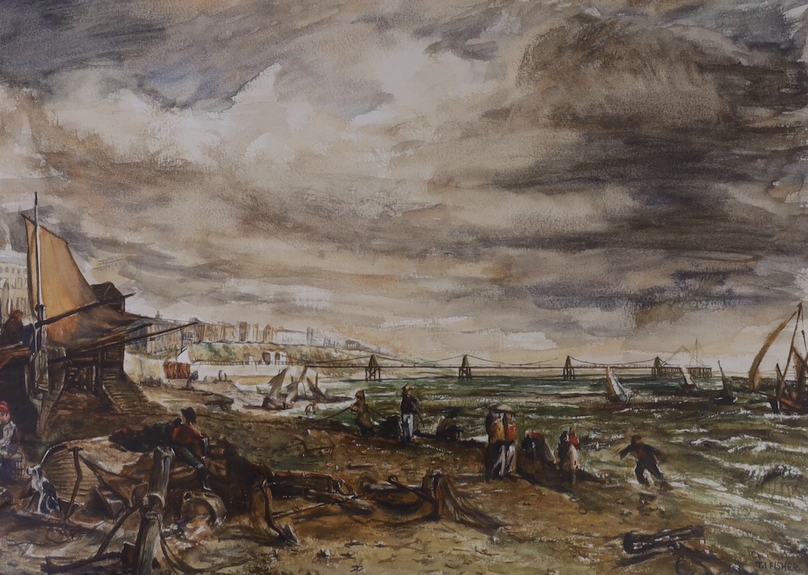 Charles Henry Bonney, watercolour, Landscape with figures in woodland, signed and dated 1887, 34 x 49cm, a Henry Charles Fox watercolour of a ferry crossing, dated 1906, 30 x 41cm and two other watercolours